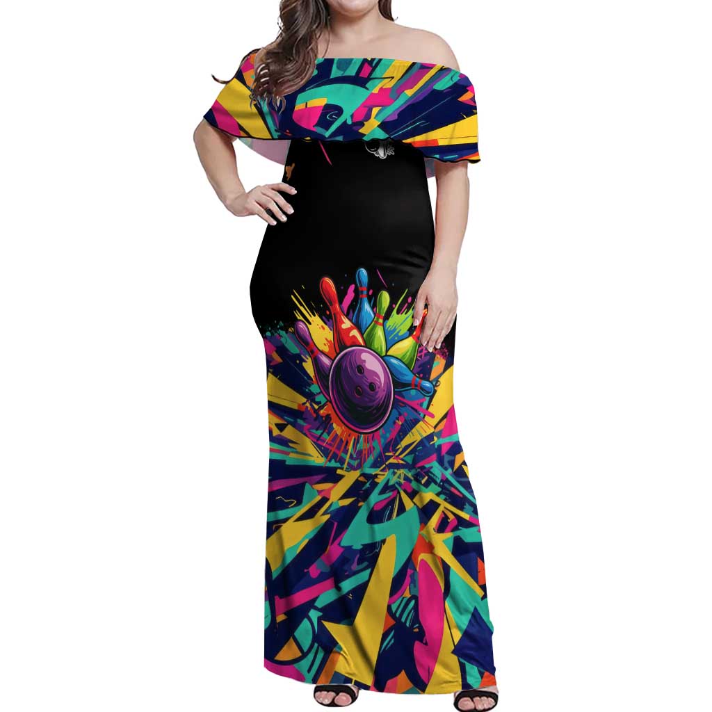 Colorful Bowling Ball and Pins Graphic Off Shoulder Maxi Dress Custom with Paint Splash - Wonder Print Shop