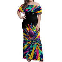 Colorful Bowling Ball and Pins Graphic Off Shoulder Maxi Dress Custom with Paint Splash - Wonder Print Shop