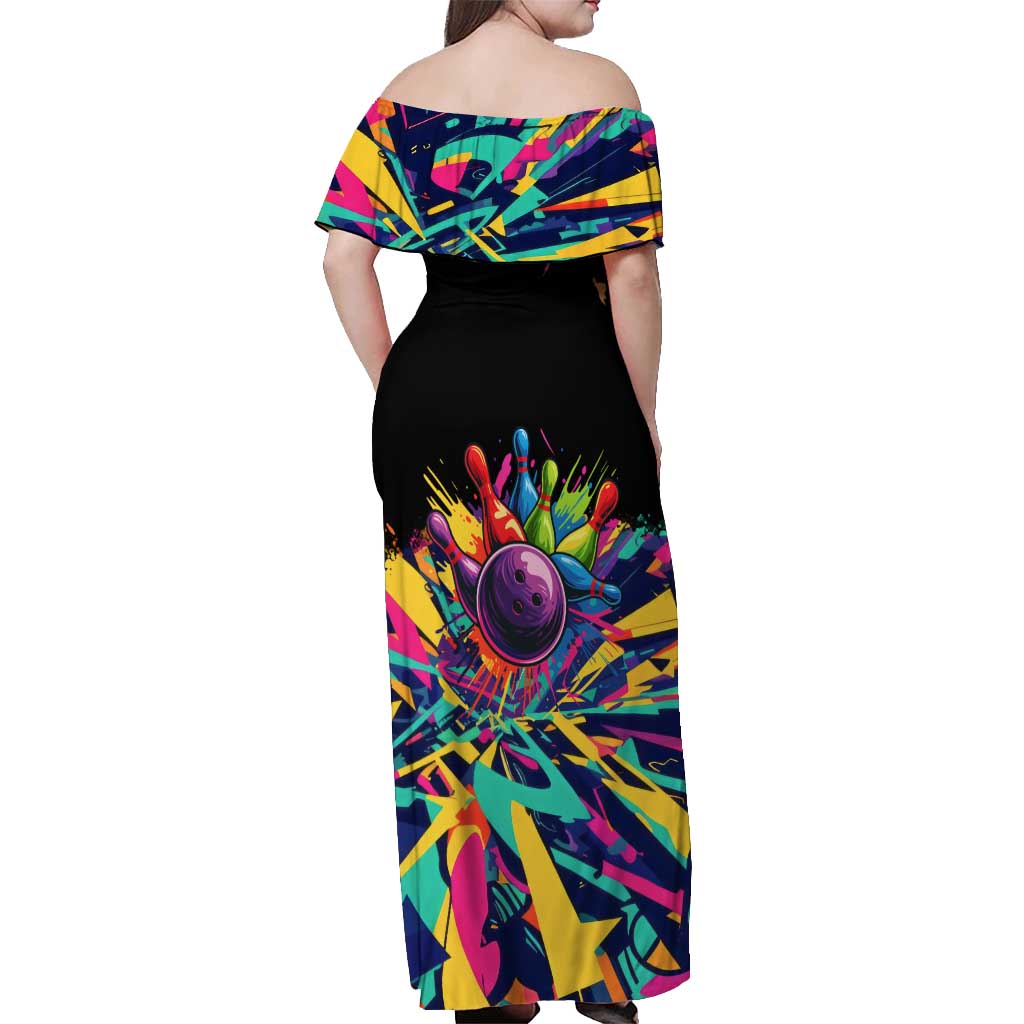 Colorful Bowling Ball and Pins Graphic Off Shoulder Maxi Dress Custom with Paint Splash - Wonder Print Shop