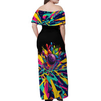 Colorful Bowling Ball and Pins Graphic Off Shoulder Maxi Dress Custom with Paint Splash - Wonder Print Shop