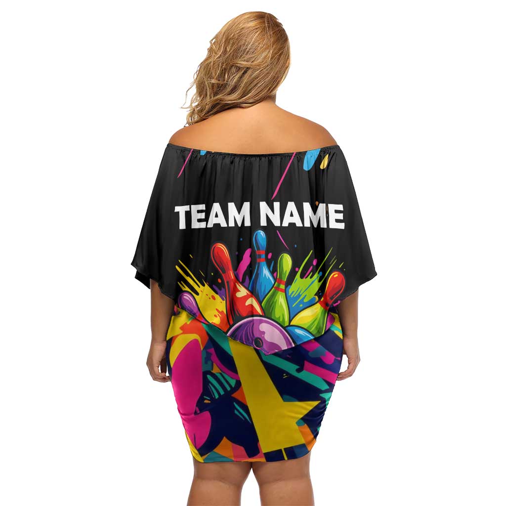 Colorful Bowling Ball and Pins Graphic Off Shoulder Short Dress Custom with Paint Splash - Wonder Print Shop