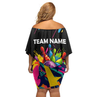 Colorful Bowling Ball and Pins Graphic Off Shoulder Short Dress Custom with Paint Splash - Wonder Print Shop