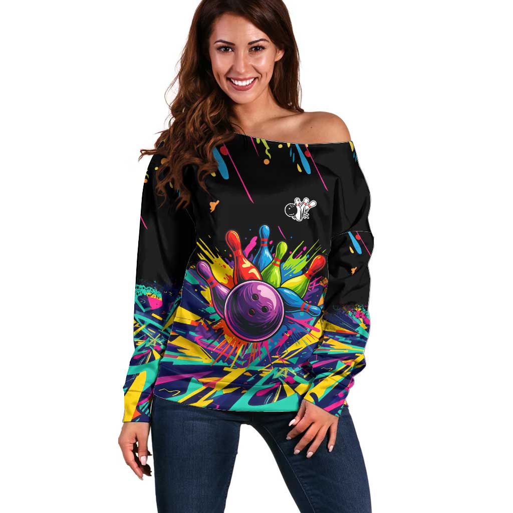 Colorful Bowling Ball and Pins Graphic Off Shoulder Sweater Custom with Paint Splash - Wonder Print Shop