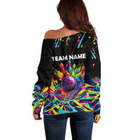 Colorful Bowling Ball and Pins Graphic Off Shoulder Sweater Custom with Paint Splash - Wonder Print Shop