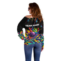 Colorful Bowling Ball and Pins Graphic Off Shoulder Sweater Custom with Paint Splash - Wonder Print Shop