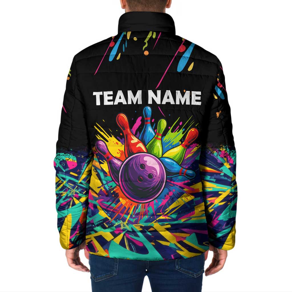 Colorful Bowling Ball and Pins Graphic Padded Jacket Custom with Paint Splash - Wonder Print Shop