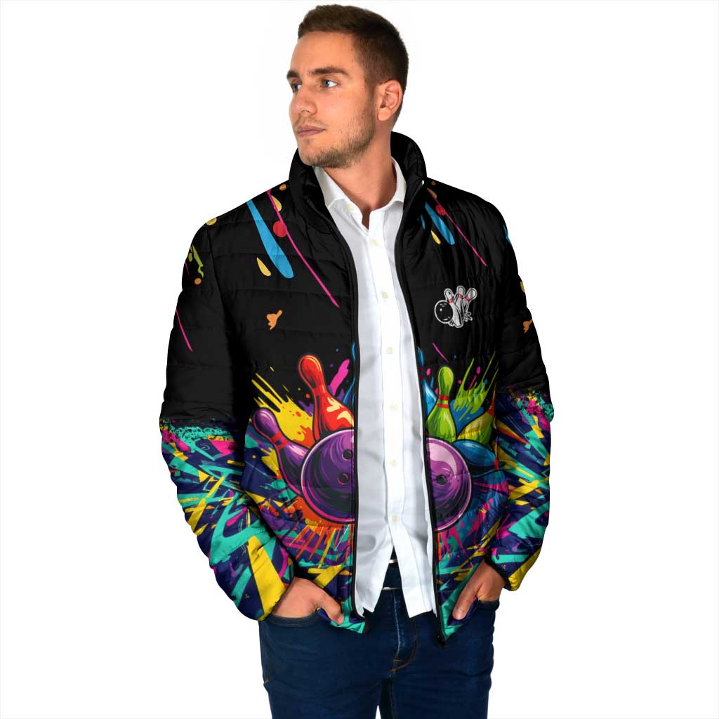 Colorful Bowling Ball and Pins Graphic Padded Jacket Custom with Paint Splash - Wonder Print Shop