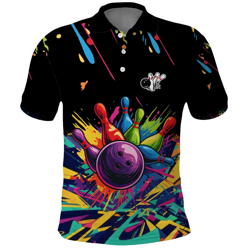 Colorful Bowling Ball and Pins Graphic Polo Shirt Custom with Paint Splash - Wonder Print Shop