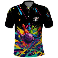Colorful Bowling Ball and Pins Graphic Polo Shirt Custom with Paint Splash - Wonder Print Shop