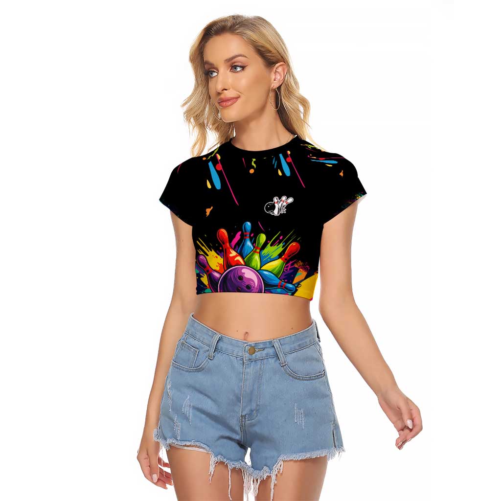 Colorful Bowling Ball and Pins Graphic Raglan Cropped T Shirt Custom with Paint Splash - Wonder Print Shop