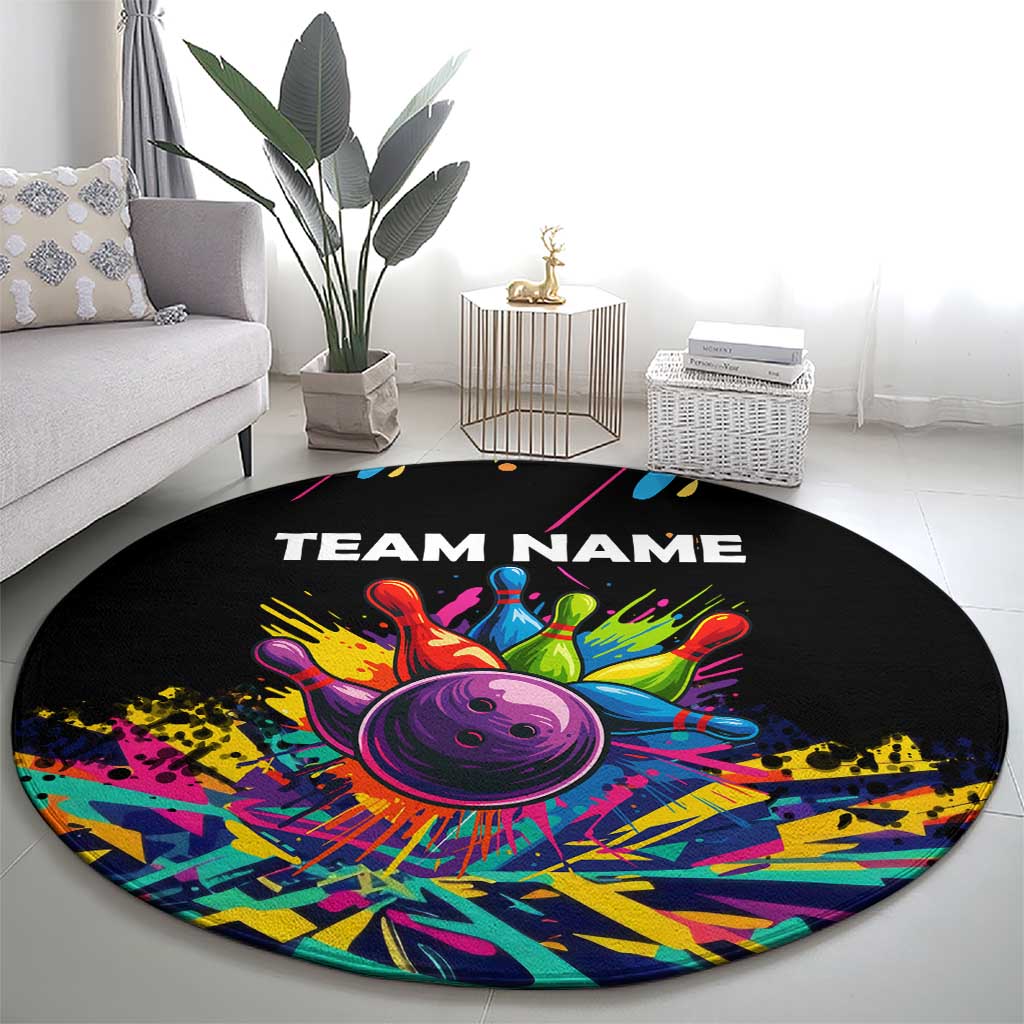 Colorful Bowling Ball and Pins Graphic Round Carpet Custom with Paint Splash - Wonder Print Shop