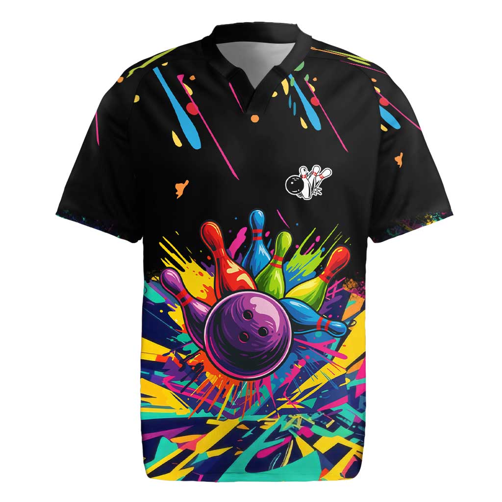 Colorful Bowling Ball and Pins Graphic Rugby Jersey Custom with Paint Splash - Wonder Print Shop