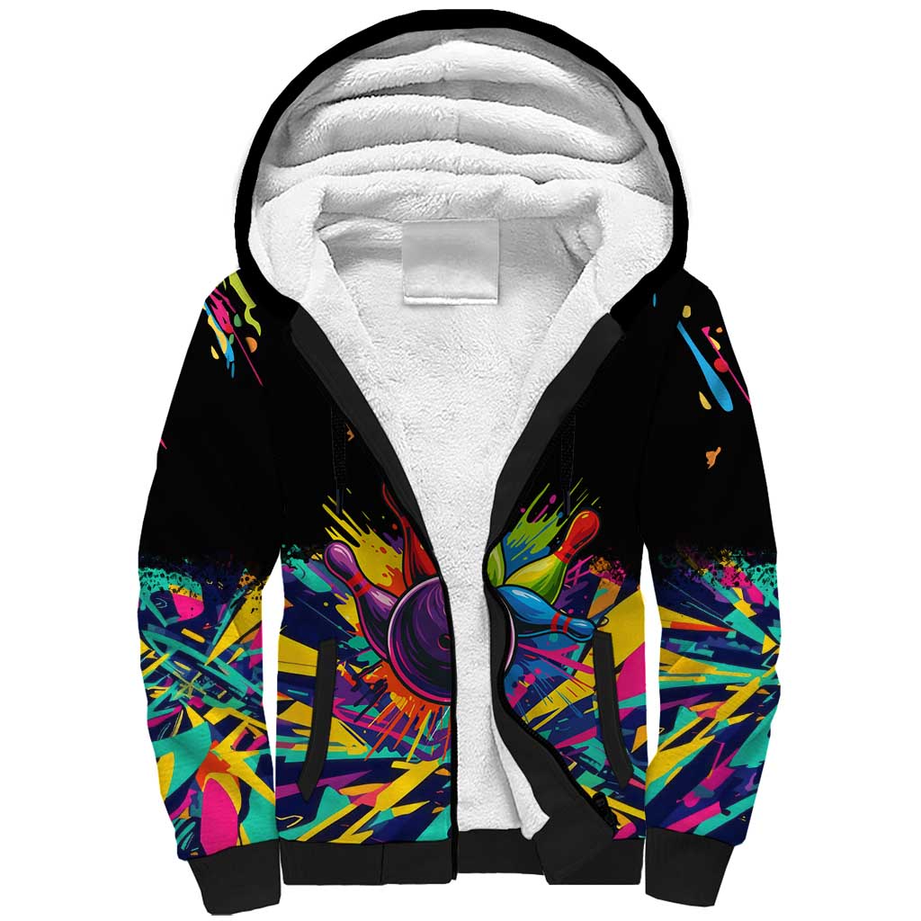 Colorful Bowling Ball and Pins Graphic Sherpa Hoodie Custom with Paint Splash - Wonder Print Shop