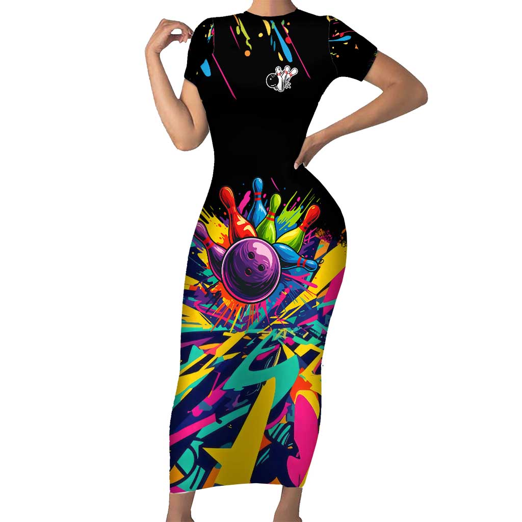 Colorful Bowling Ball and Pins Graphic Short Sleeve Bodycon Dress Custom with Paint Splash - Wonder Print Shop