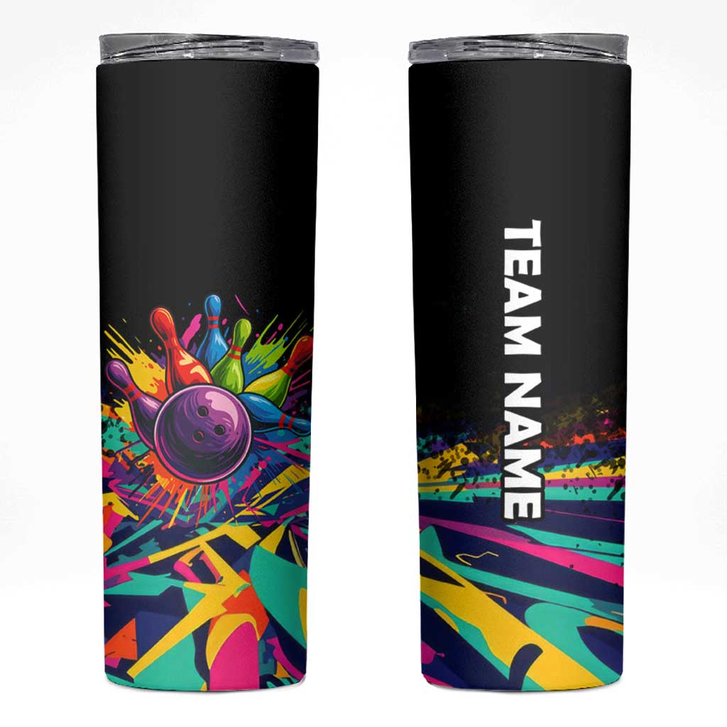 Colorful Bowling Ball and Pins Graphic Skinny Tumbler Custom with Paint Splash - Wonder Print Shop