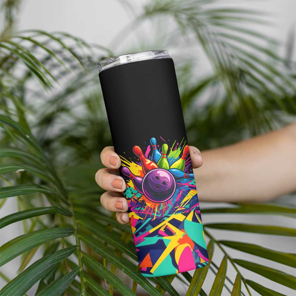 Colorful Bowling Ball and Pins Graphic Skinny Tumbler Custom with Paint Splash - Wonder Print Shop