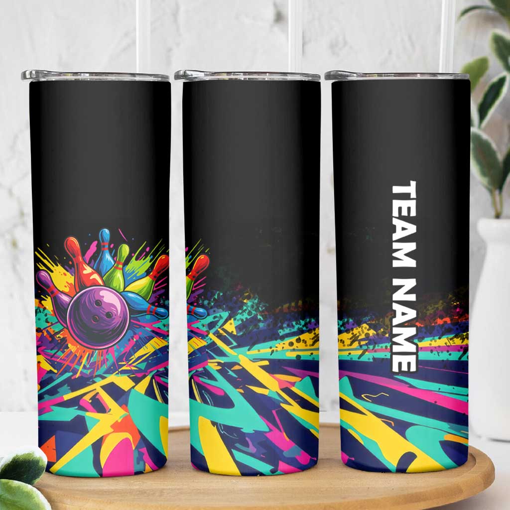 Colorful Bowling Ball and Pins Graphic Skinny Tumbler Custom with Paint Splash - Wonder Print Shop