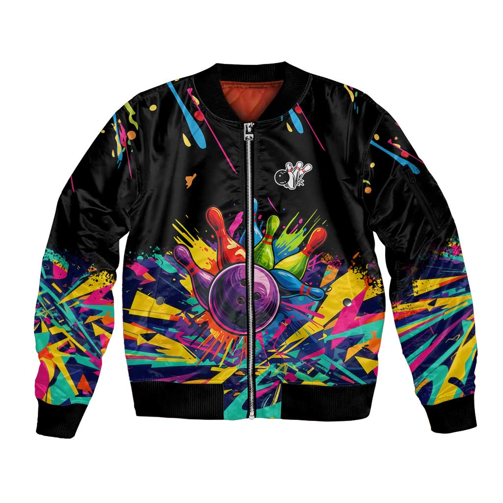 Colorful Bowling Ball and Pins Graphic Sleeve Zip Bomber Jacket Custom with Paint Splash - Wonder Print Shop