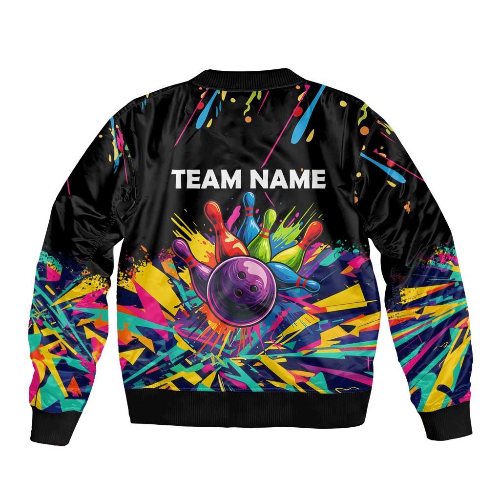 Colorful Bowling Ball and Pins Graphic Sleeve Zip Bomber Jacket Custom with Paint Splash - Wonder Print Shop