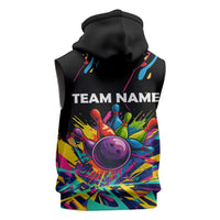 Colorful Bowling Ball and Pins Graphic Sleeveless Hoodie Custom with Paint Splash - Wonder Print Shop