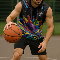 Colorful Bowling Ball and Pins Graphic Sleeveless Hoodie Custom with Paint Splash - Wonder Print Shop