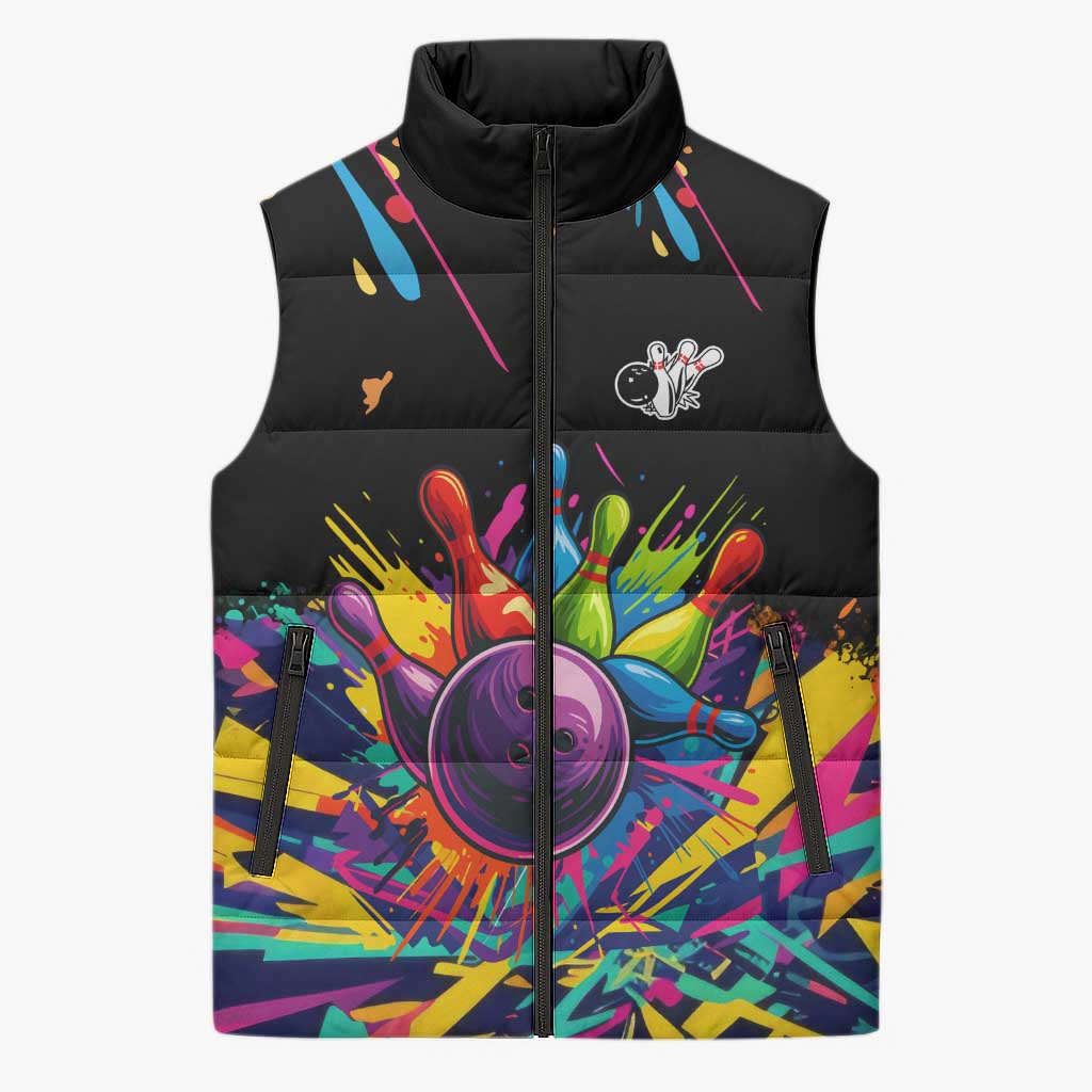 Colorful Bowling Ball and Pins Graphic Sleeveless Puffer Jacket Custom with Paint Splash - Wonder Print Shop