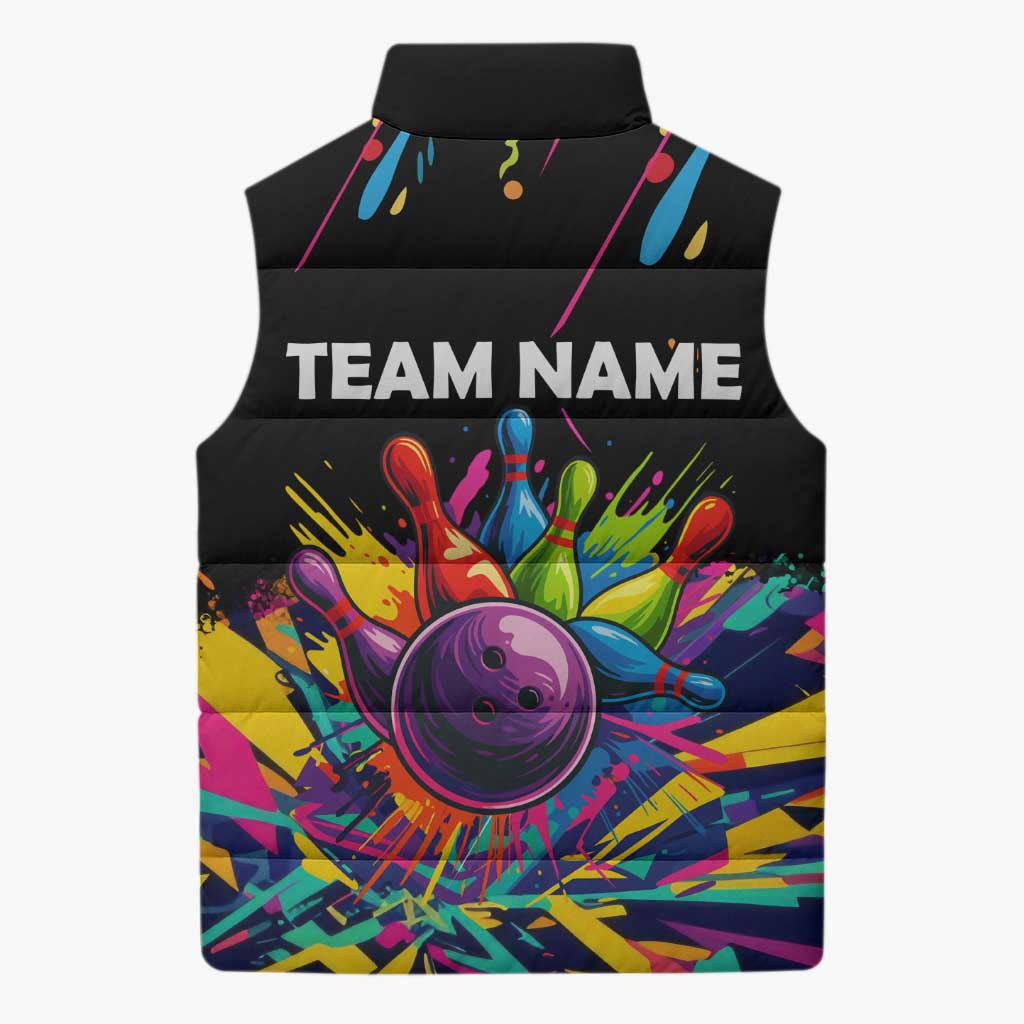 Colorful Bowling Ball and Pins Graphic Sleeveless Puffer Jacket Custom with Paint Splash - Wonder Print Shop