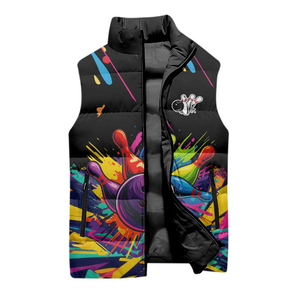 Colorful Bowling Ball and Pins Graphic Sleeveless Puffer Jacket Custom with Paint Splash - Wonder Print Shop
