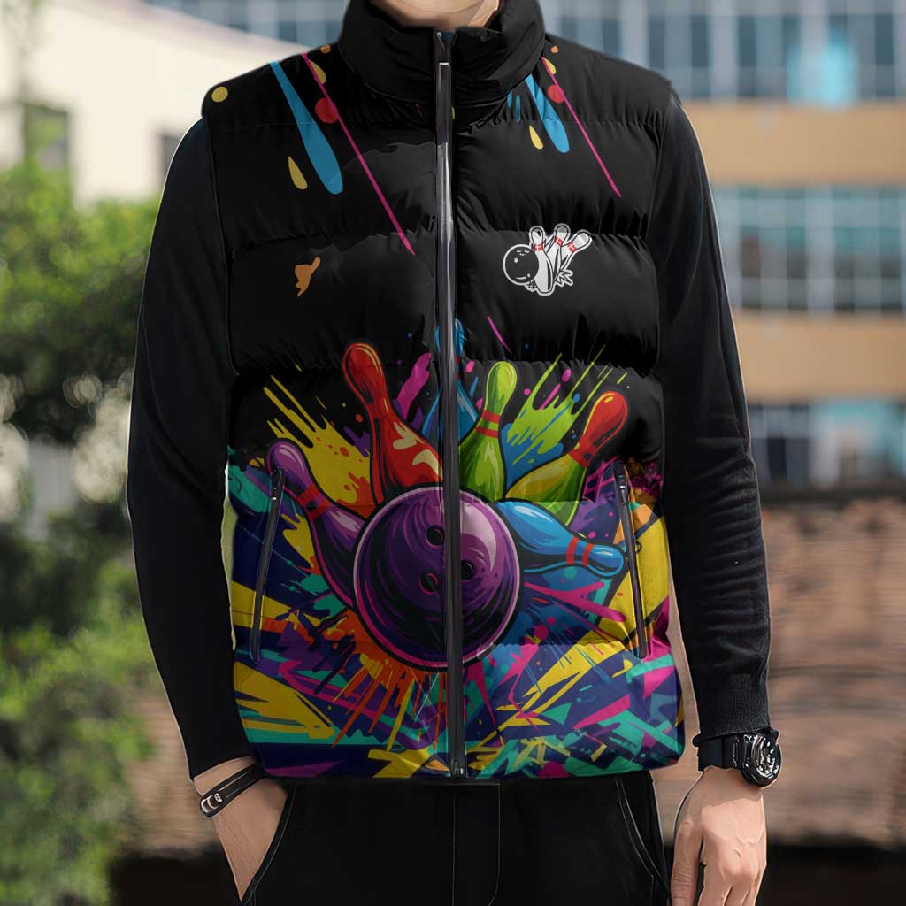 Colorful Bowling Ball and Pins Graphic Sleeveless Puffer Jacket Custom with Paint Splash - Wonder Print Shop