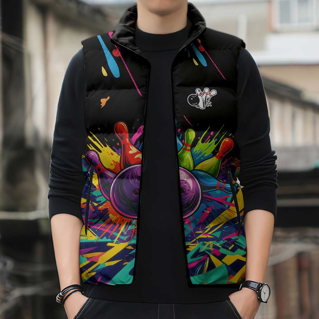 Colorful Bowling Ball and Pins Graphic Sleeveless Puffer Jacket Custom with Paint Splash - Wonder Print Shop