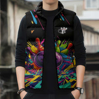 Colorful Bowling Ball and Pins Graphic Sleeveless Puffer Jacket Custom with Paint Splash - Wonder Print Shop