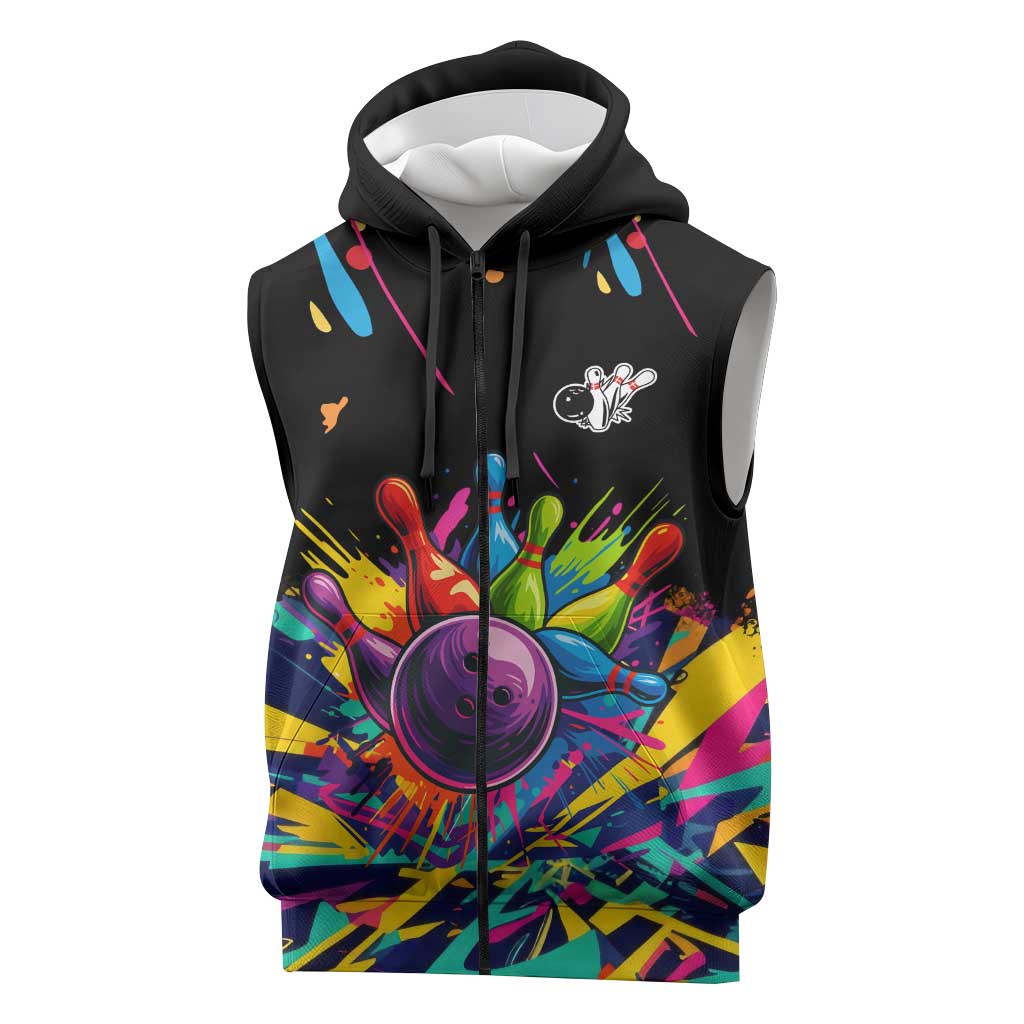 Colorful Bowling Ball and Pins Graphic Sleeveless Zip Hoodie Custom with Paint Splash - Wonder Print Shop