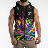 Colorful Bowling Ball and Pins Graphic Sleeveless Zip Hoodie Custom with Paint Splash - Wonder Print Shop