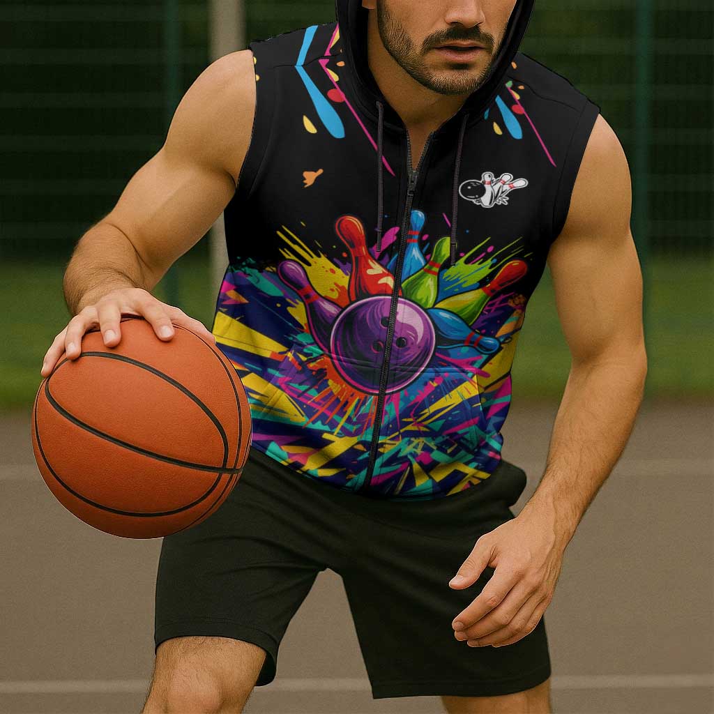 Colorful Bowling Ball and Pins Graphic Sleeveless Zip Hoodie Custom with Paint Splash - Wonder Print Shop