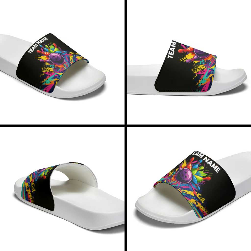 Colorful Bowling Ball and Pins Graphic Slide Sandals Custom with Paint Splash - Wonder Print Shop