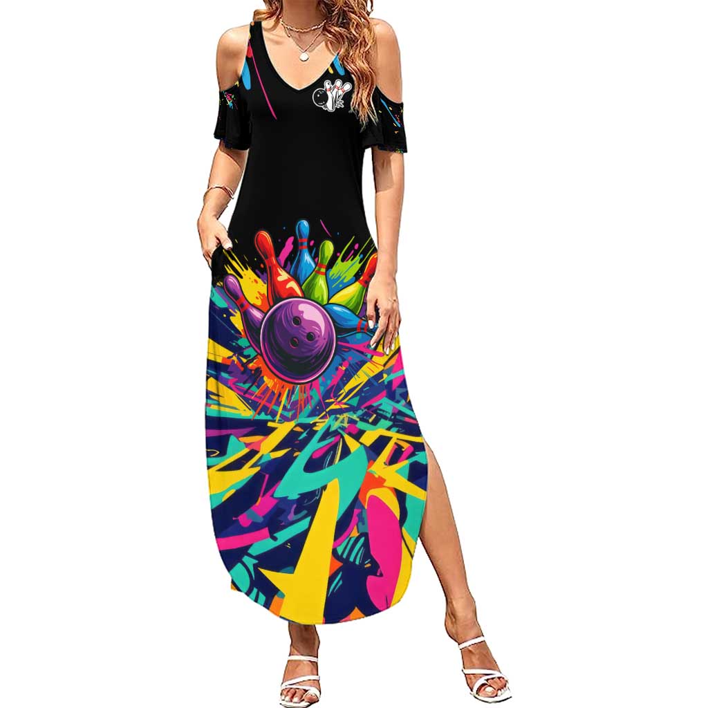 Colorful Bowling Ball and Pins Graphic Summer Maxi Dress Custom with Paint Splash - Wonder Print Shop