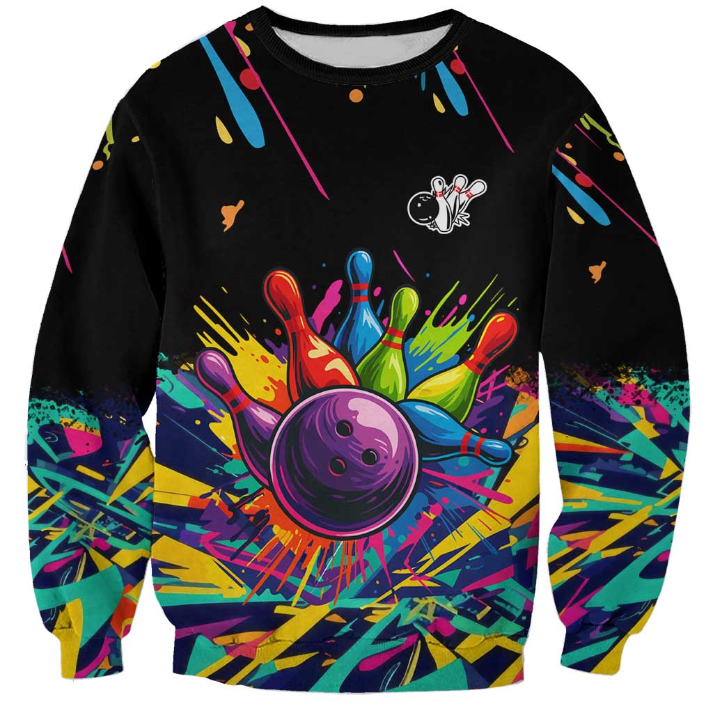 Colorful Bowling Ball and Pins Graphic Sweatshirt Custom with Paint Splash - Wonder Print Shop