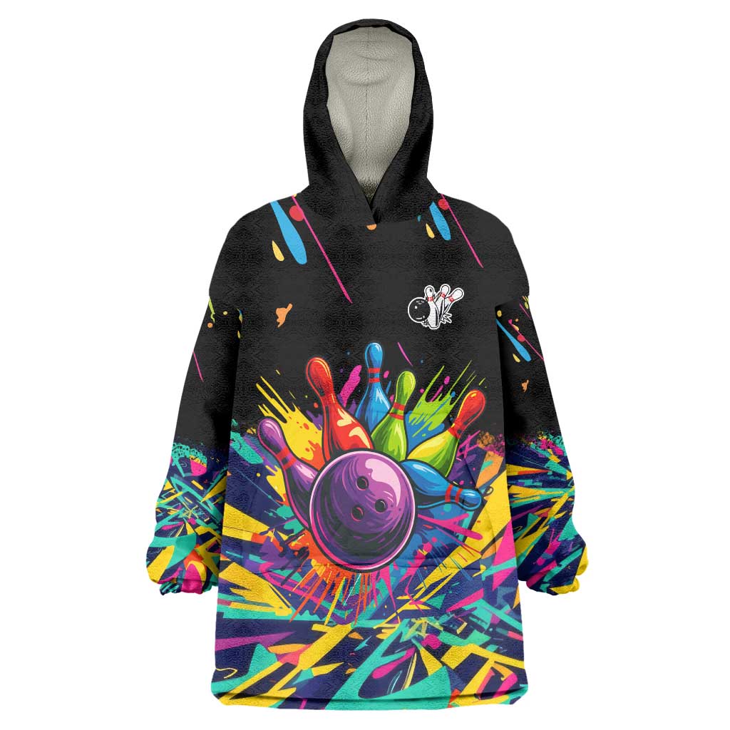 Colorful Bowling Ball and Pins Graphic Wearable Blanket Hoodie Custom with Paint Splash - Wonder Print Shop