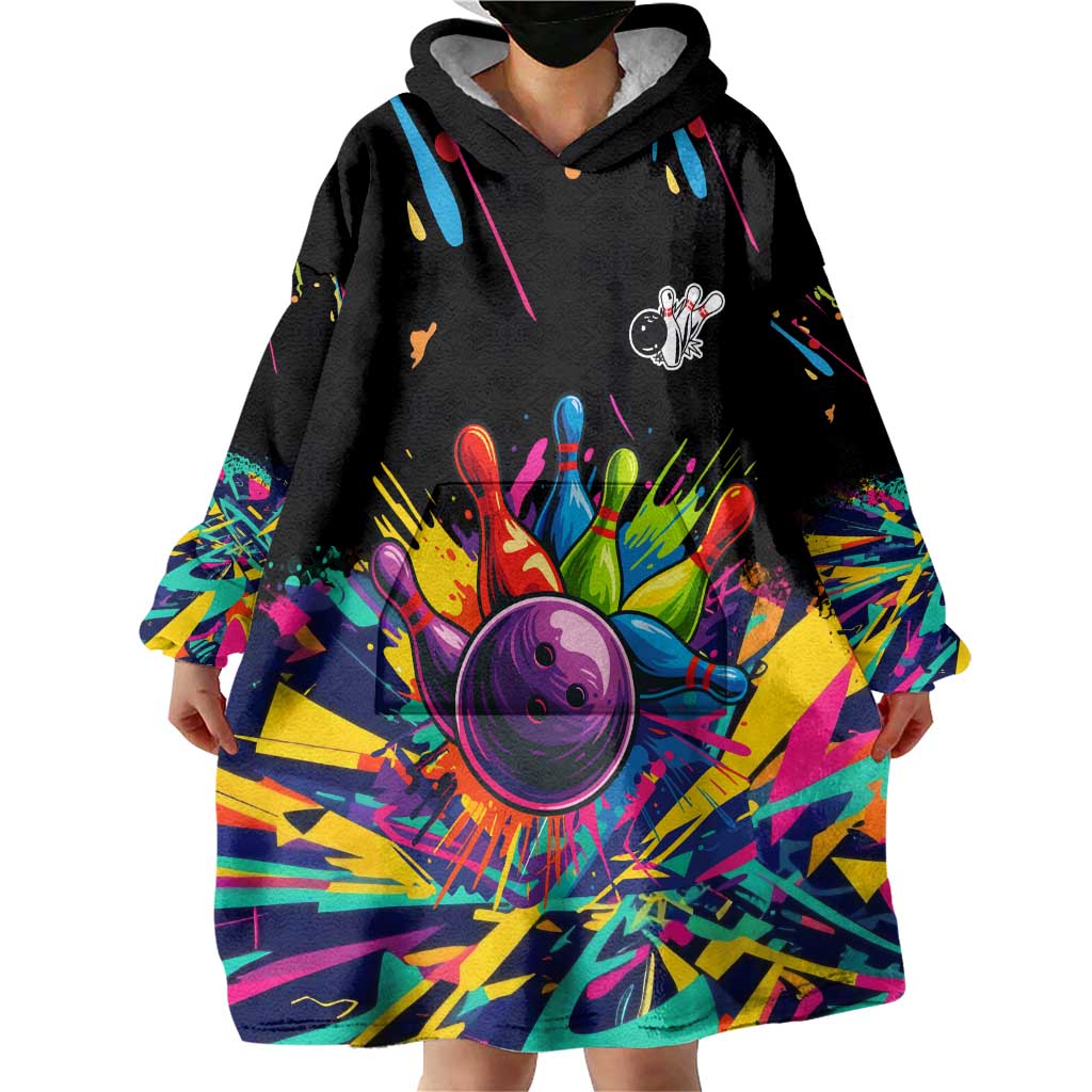 Colorful Bowling Ball and Pins Graphic Wearable Blanket Hoodie Custom with Paint Splash - Wonder Print Shop