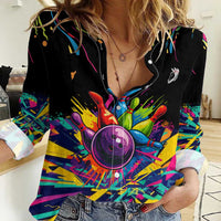 Colorful Bowling Ball and Pins Graphic Women Casual Shirt Custom with Paint Splash - Wonder Print Shop
