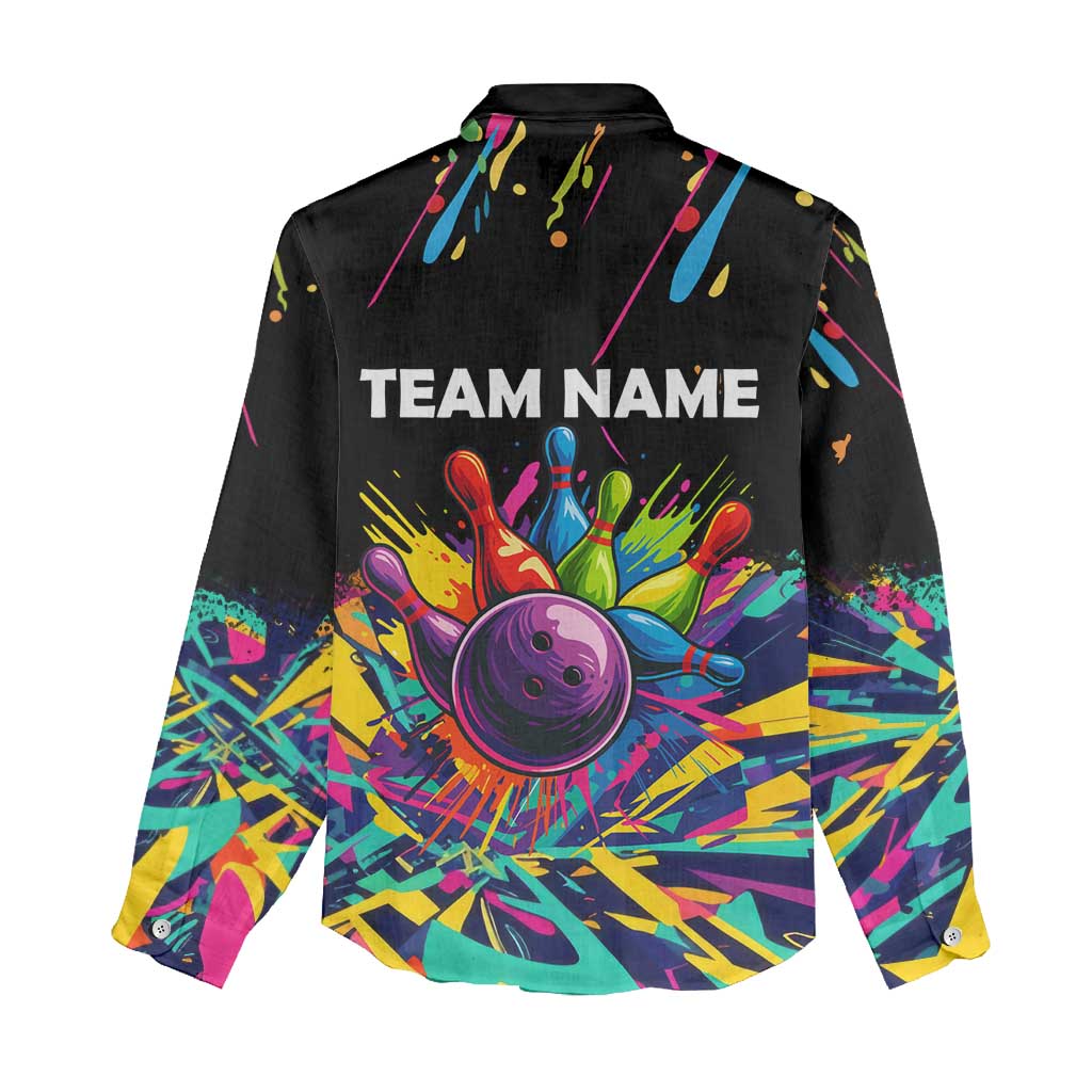 Colorful Bowling Ball and Pins Graphic Women Casual Shirt Custom with Paint Splash - Wonder Print Shop