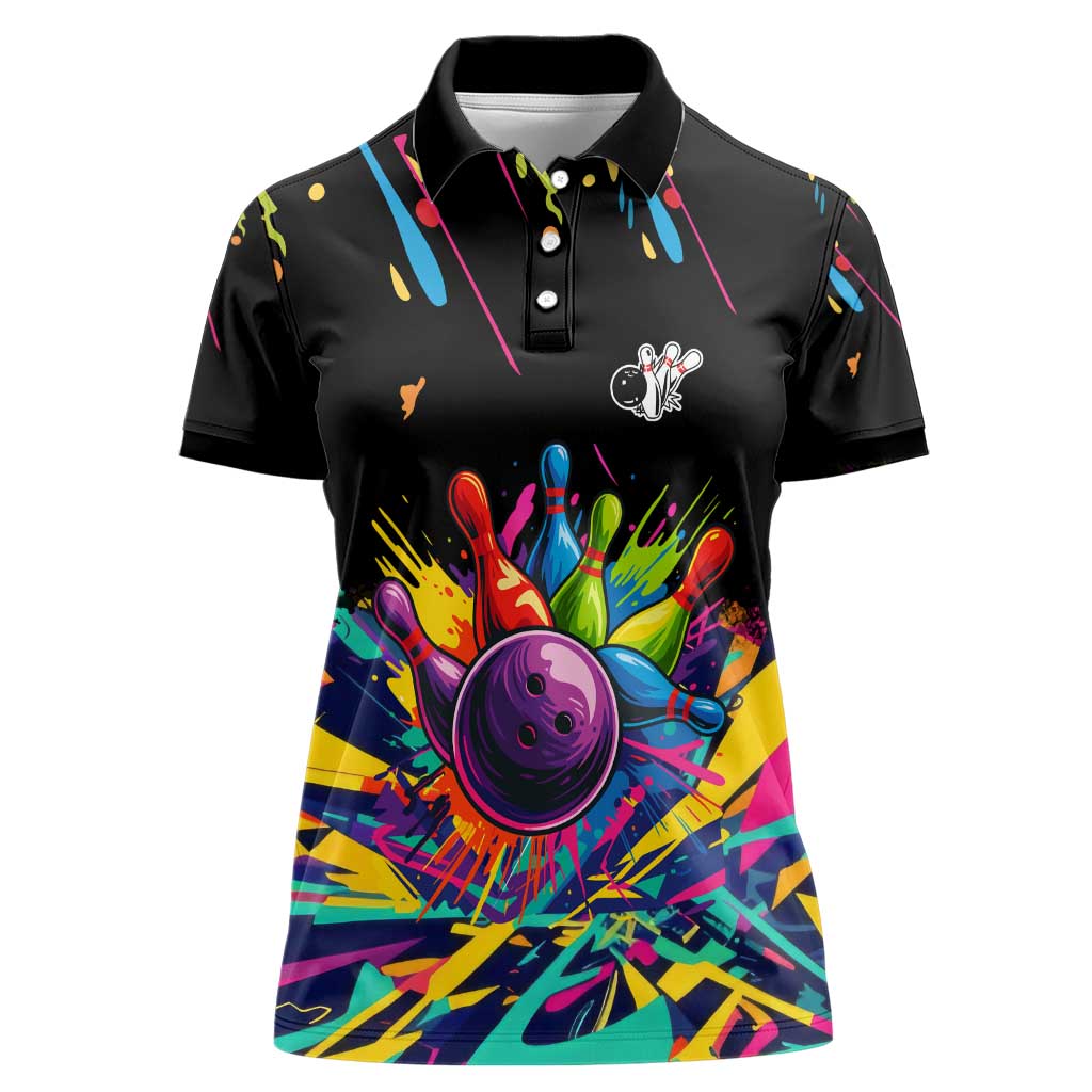 Colorful Bowling Ball and Pins Graphic Women Polo Shirt Custom with Paint Splash - Wonder Print Shop