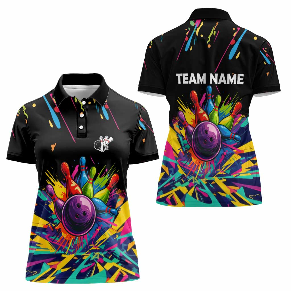 Colorful Bowling Ball and Pins Graphic Women Polo Shirt Custom with Paint Splash - Wonder Print Shop