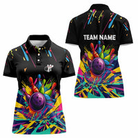 Colorful Bowling Ball and Pins Graphic Women Polo Shirt Custom with Paint Splash - Wonder Print Shop