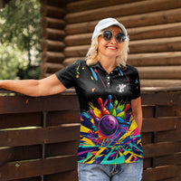 Colorful Bowling Ball and Pins Graphic Women Polo Shirt Custom with Paint Splash - Wonder Print Shop