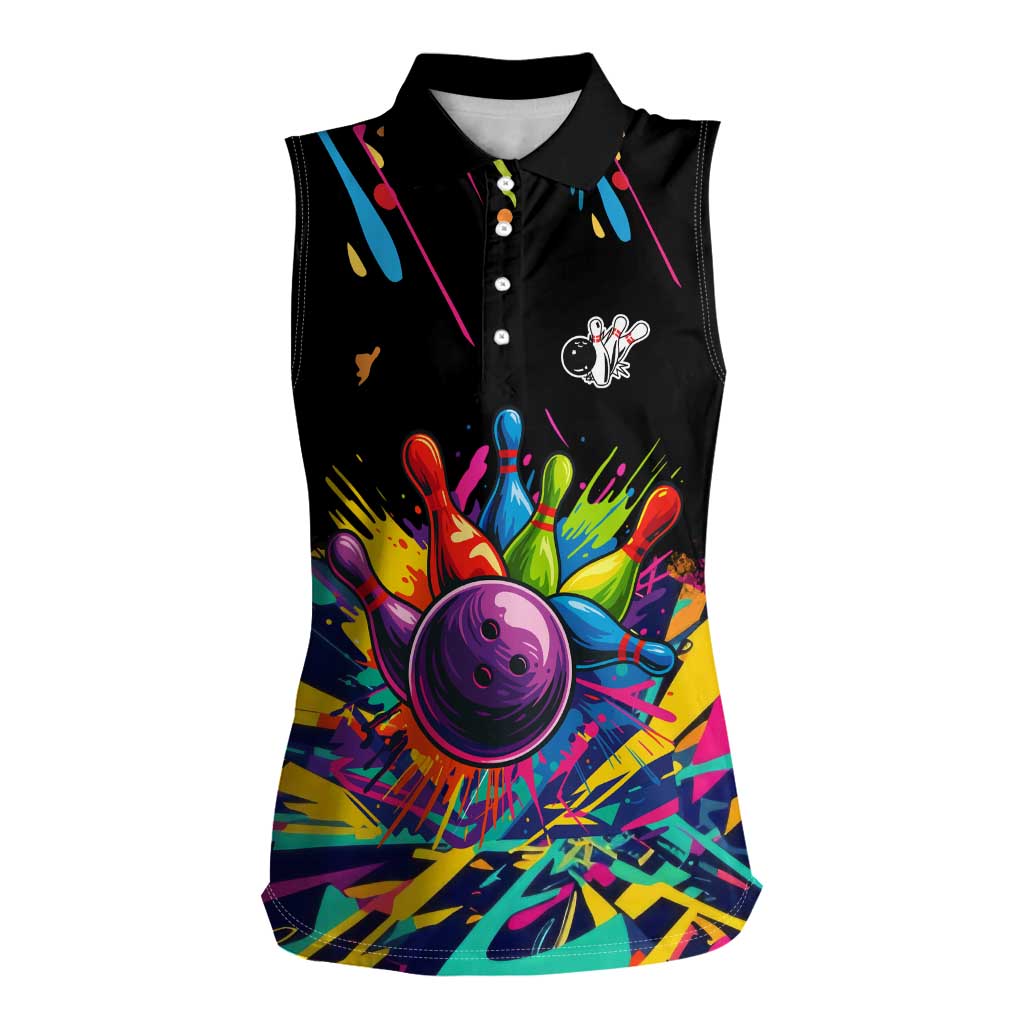Colorful Bowling Ball and Pins Graphic Women Sleeveless Polo Shirt Custom with Paint Splash - Wonder Print Shop