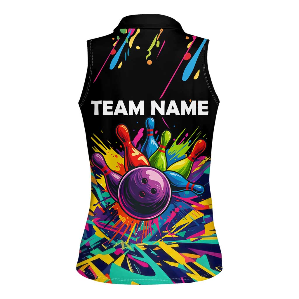 Colorful Bowling Ball and Pins Graphic Women Sleeveless Polo Shirt Custom with Paint Splash - Wonder Print Shop