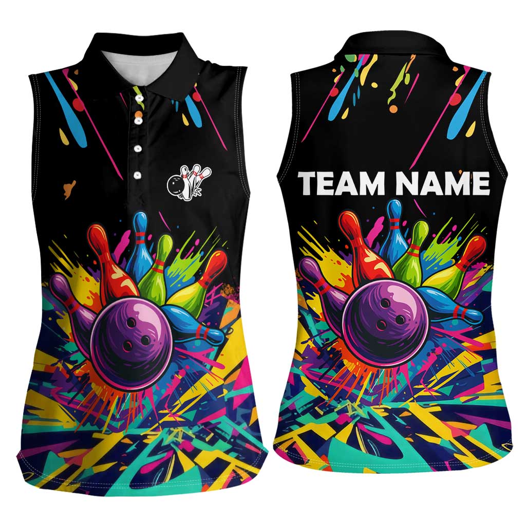 Colorful Bowling Ball and Pins Graphic Women Sleeveless Polo Shirt Custom with Paint Splash - Wonder Print Shop