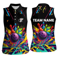 Colorful Bowling Ball and Pins Graphic Women Sleeveless Polo Shirt Custom with Paint Splash - Wonder Print Shop