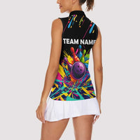 Colorful Bowling Ball and Pins Graphic Women Sleeveless Polo Shirt Custom with Paint Splash - Wonder Print Shop